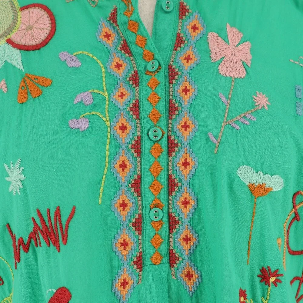 JOHNNY WAS Biya Lemona Embroidered Henley Short Sleeve Blouse Green Size M - Picture 6 of 10